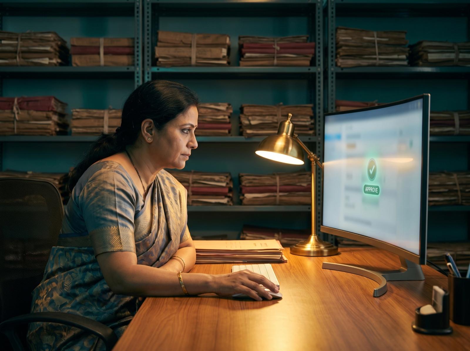 A woman government officer approving a digital file on screen, paper files retired behind