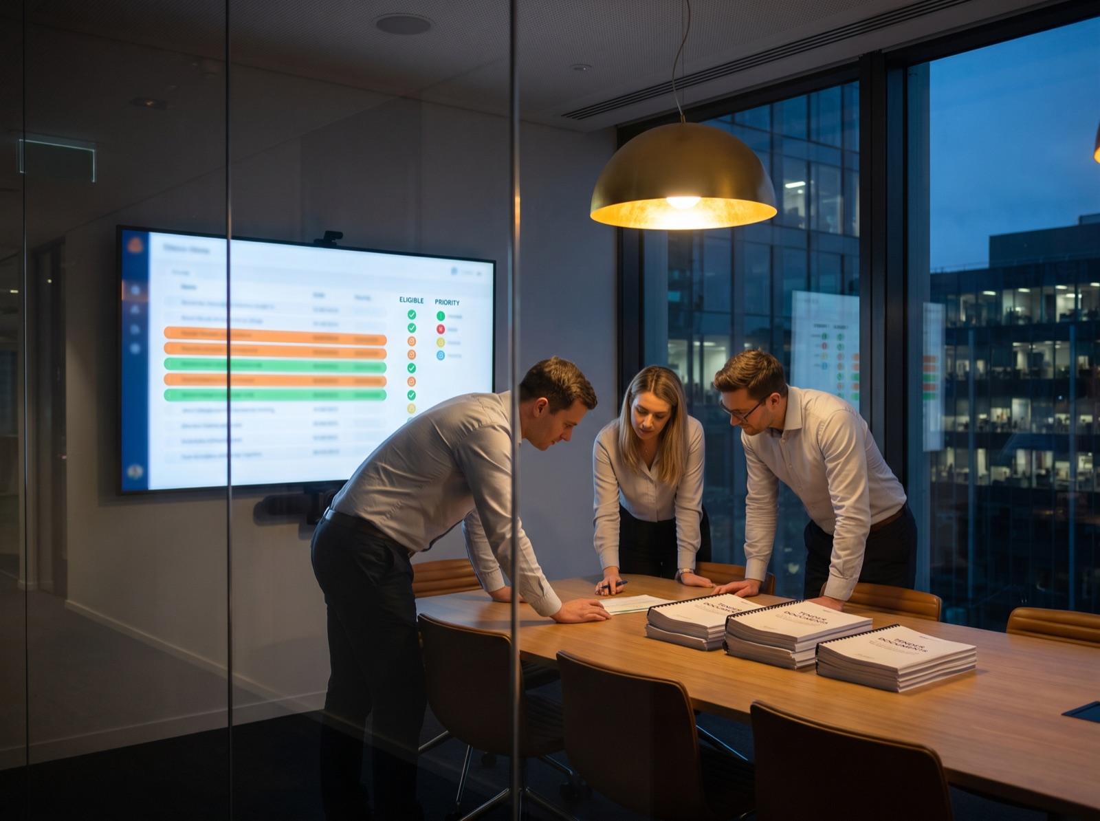 A bid team reviewing shortlisted tender opportunities on a large screen